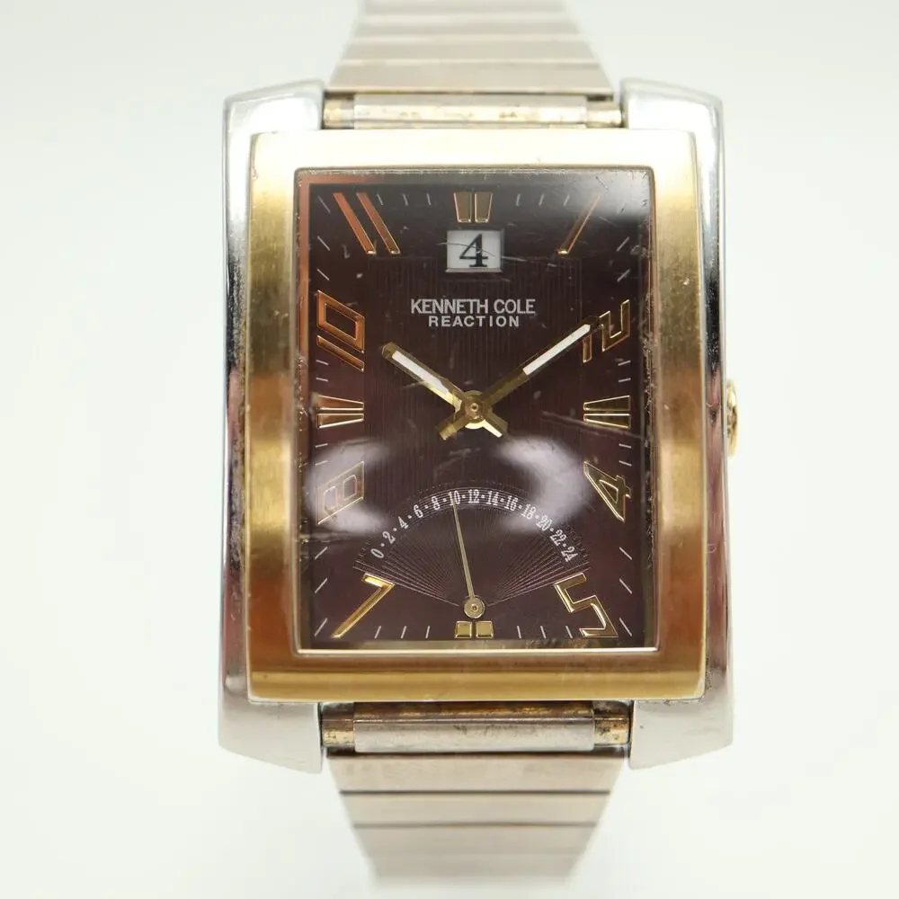 Reaction Kenneth Cole Two Tone 34mm Watch Brown Retrograde Stretch w New Battery
